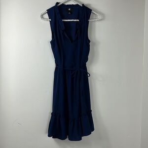 IZ BYER Navy Blue V Neck Ruffle Peasant Mini Dress Small